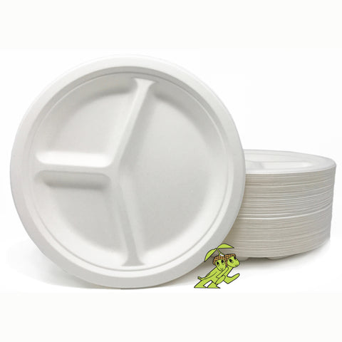 Compostable 10" by 3 Compartment Plates (White)